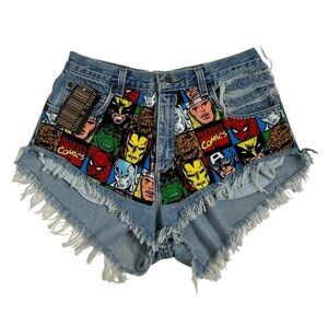 Coal N Terry Marvel Comic Print Frayed Hem Denim Shorts NWT